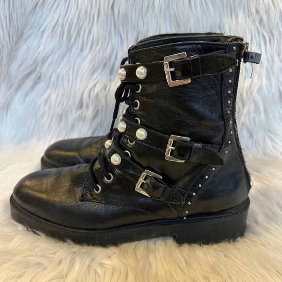 ZARA Genuine Leather Ankle Combat Boots Faux Pearl Lace-Up Flat Boots, Black - Picture 9 of 16